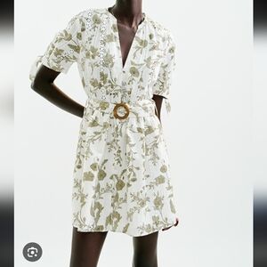 Zara Floral Print Cutwork Embroidery V Neck Dress With Belt XL